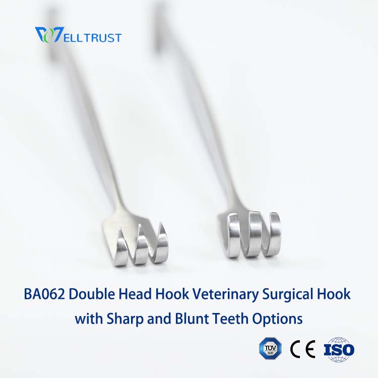BA062 Double Head Hook - Veterinary Surgical Hook with Sharp and Blunt Teeth Options